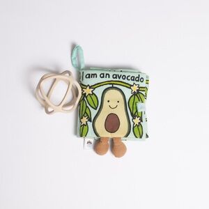 Baby toy lot! Mushie baby ball teether + Jellycat avocado soft baby book